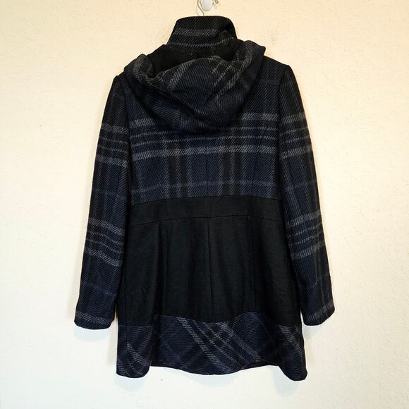 Guess Hooded Plaid Wool Blend Pea Coat Jacket Women's Large Winter Layer Casual - Picture 2 of 12